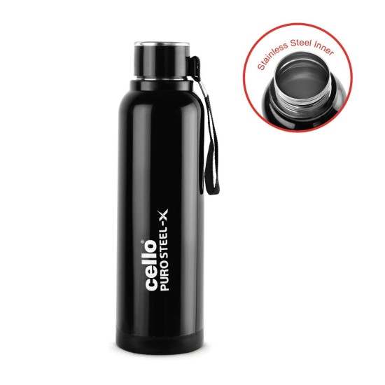 Cello Puro Steel-X Benz 900 | Leak Proof| Wide Mouth & Easy to Open | Insulated Inner Steel Outer Plastic Water Bottle | 730ml | Black