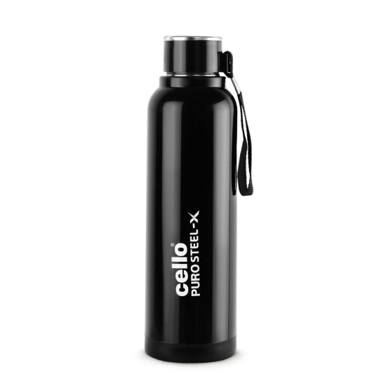 Cello Puro Steel-X Benz 900 | Leak Proof| Wide Mouth & Easy to Open | Insulated Inner Steel Outer Plastic Water Bottle | 730ml | Black