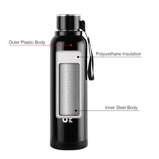 Cello Puro Steel-X Benz 900 | Leak Proof| Wide Mouth & Easy to Open | Insulated Inner Steel Outer Plastic Water Bottle | 730ml | Black