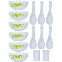 CELLO Opalware Soup Bowl Opalware Royal Set with Spoon & Salt & Pepper Pot  (Pack of 14, White)