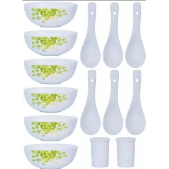 CELLO Opalware Soup Bowl Opalware Royal Set with Spoon & Salt & Pepper Pot  (Pack of 14, White)