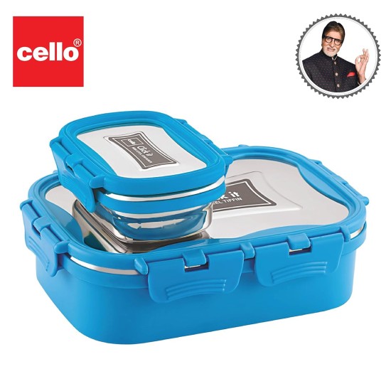 CELLO Thermo Click Medium Steel Insulated Lunch Box, Blue | Tiffin for Men & Women | Snacks Tiffin for Kids | Leak-Proof & Unbreakable Lid with 4 Sided Click Lock | Ideal for Office, School, College