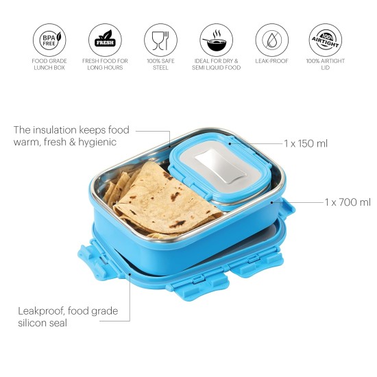 CELLO Thermo Click Medium Steel Insulated Lunch Box, Blue | Tiffin for Men & Women | Snacks Tiffin for Kids | Leak-Proof & Unbreakable Lid with 4 Sided Click Lock | Ideal for Office, School, College