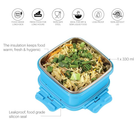 CELLO Thermo Click Small Steel Insulated Lunch Box, Blue | Tiffin for Men & Women | Snacks Tiffin for Kids | Leak-Proof & Unbreakable Lid with 4 Sided Click Lock | Ideal for Office, School, College