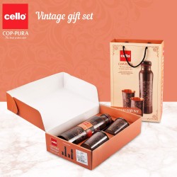CELLO  Cop-Pura Vintage Gift Set Floral Copper Water Bottle with 2 Glasses(310ml), 1000ml, 3pcs, Copper