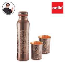 CELLO  Cop-Pura Vintage Gift Set Floral Copper Water Bottle with 2 Glasses(310ml), 1000ml, 3pcs, Copper