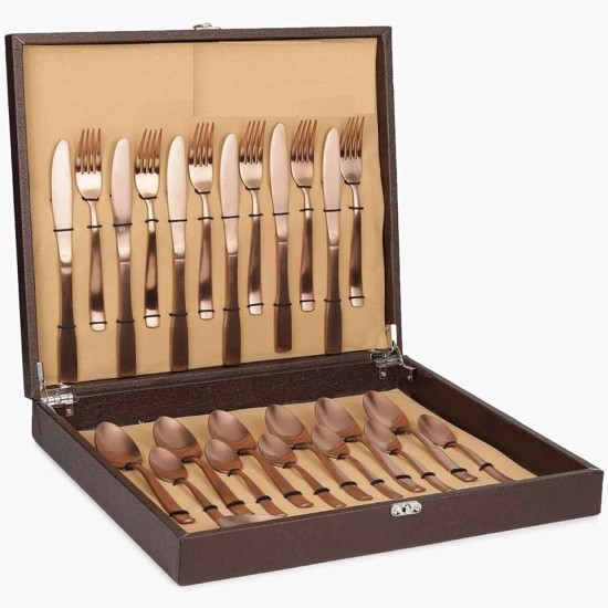 FnS Amber Copper Finish Stainless Steel Cutlery Set with Leatherette Box - 6 Dinner Spoon, 6 Dinner Fork, 6 Teaspoon & 6 Dinner Knives