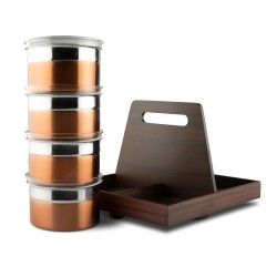 FnS Avila Snacks Serving Set - 4 Bowls with Lid in Premium Stainless Steel and Wooden Revolving Stand (Rose Gold)