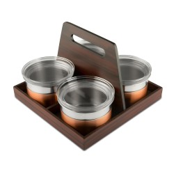 FnS Avila Snacks Serving Set - 4 Bowls with Lid in Premium Stainless Steel and Wooden Revolving Stand (Rose Gold)