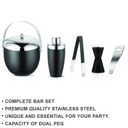 FnS International Pvt Ltd FnS Black Finish 5 Pc Bar Set (Ice Bucket. Cocktail Shaker, Peg Measurer, Ice Tong, Opener)