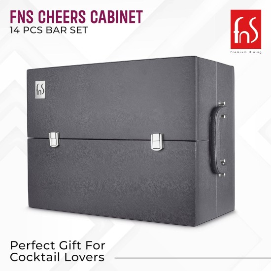 FNS cheers 14 pcs bar set of 6 Whisky Glasses,1 Cocktail Shaker,1 Hip Flask,1Waiter knife,1 Dual Peg Jigger,1 Cocktail Strainer,1 Cocktail Stirrer,1 Bottle...