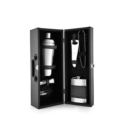 FnS Cheers Mini Bartender Cabinet 6 pcs Bar Set |1 Cocktail Shaker |1 Hip Flask|1 Waiter Knife |1 Dual Peg Jigger |1 Bottle Opener |1 Tong with Leatherette Cabinet Box