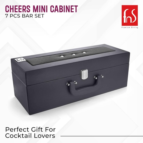 FnS Cheers Mini Bartender Cabinet 6 pcs Bar Set |1 Cocktail Shaker |1 Hip Flask|1 Waiter Knife |1 Dual Peg Jigger |1 Bottle Opener |1 Tong with Leatherette Cabinet Box