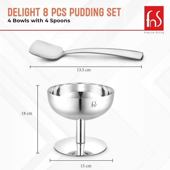 FNS Delight Stainless Steel Pudding Set For Serving Ice Cream, Fruit, Pudding, Snack (4 Dessert Cup And 4 Ice Cream Spoons), 0.14 liter