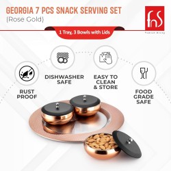 FNS Georgia Serving Set for Snacks, Desserts, Dry Fruits - 3 Bowls with Lid and Tray in Premium Stainless Steel (Rose Gold)