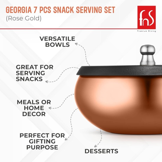 FNS Georgia Serving Set for Snacks, Desserts, Dry Fruits - 3 Bowls with Lid and Tray in Premium Stainless Steel (Rose Gold)