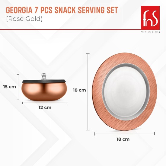 FNS Georgia Serving Set for Snacks, Desserts, Dry Fruits - 3 Bowls with Lid and Tray in Premium Stainless Steel (Rose Gold)