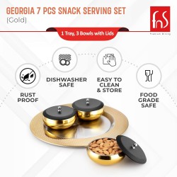 Fns Georgia Stainless Steel Gold Serving Bowl Set With Lid And Tray (3 Bowls With Lid,1 Tray) - 250 Ml