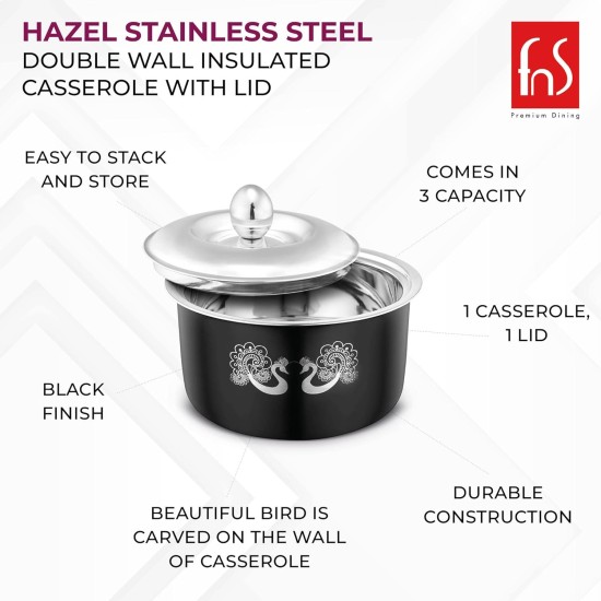 FNS "Hazel Stainless Steel Double Wall Insulated Casserole with Lid for Biryani Pulao Halwa Curries, Protection, Rivetless Heat Resistant Handle and Black Finish (1600 ml)