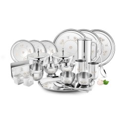 FnS Mandala 60pcs Stainless Steel Dinner Set (Quarter Plate, Full Plate, Glass, Serving Bowl, Desert Bowl, Glasses, Spoon & Rice Tray)