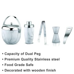 FnS International Pvt Ltd Marble Finish Ice Bucket. Cocktail Shaker, Peg Measurer, Ice Tong, Opener Bar Set, White, 5 Pc