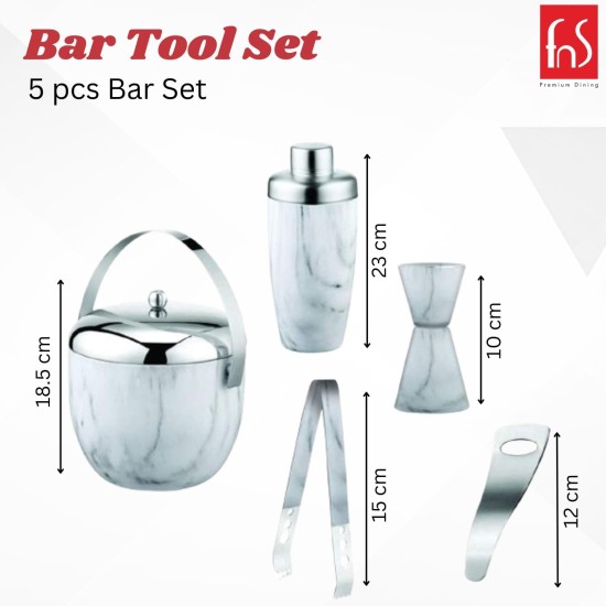 FnS International Pvt Ltd Marble Finish Ice Bucket. Cocktail Shaker, Peg Measurer, Ice Tong, Opener Bar Set, White, 5 Pc