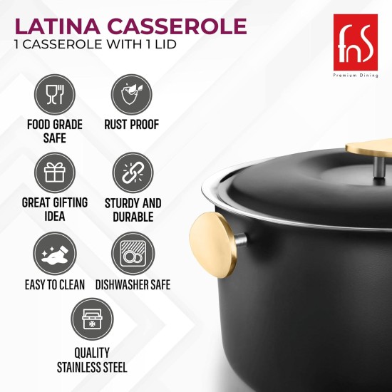 FNS Latina Stainless Steel Double Wall Insulated Designer Black Casserole with Lid | Black Coated | Odour Free | BPA Free | Ideal for Curry Rice Chappati | Easy to Carry | Easy to Store (1600 ml)