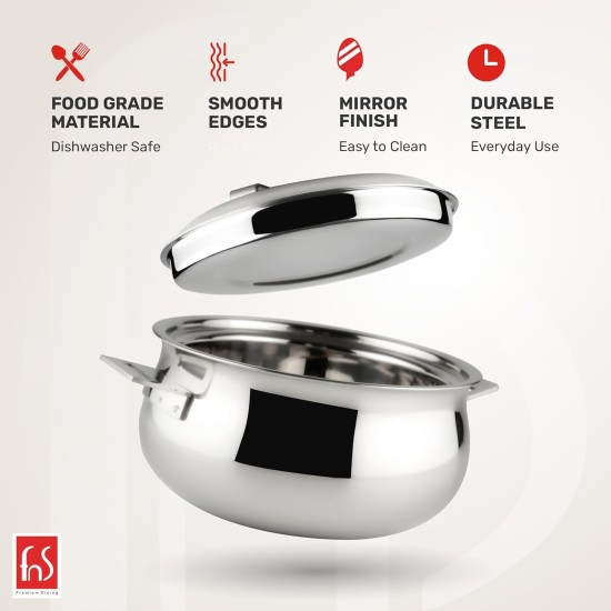 FNS Monja Stainless Steel Double Wall Insulated Designer Casserole with Lid | BPA Free | Odour Proof| Easy to Carry | Easy to Store | Ideal for Chapatti | Roti | Serving Casserole (1600 ml)