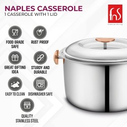 FNS Naples Stainless Steel Double Wall Insulated Designer Casserole with Lid | BPA Free | Ideal for Curry Rice Chappati | Easy to Carry | Easy to Store (1600 ml)