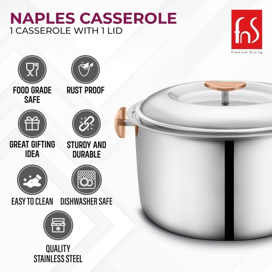 FNS Naples Stainless Steel Double Wall Insulated Designer Casserole with Lid | BPA Free | Ideal for Curry Rice Chappati | Easy to Carry | Easy to Store (1600 ml)