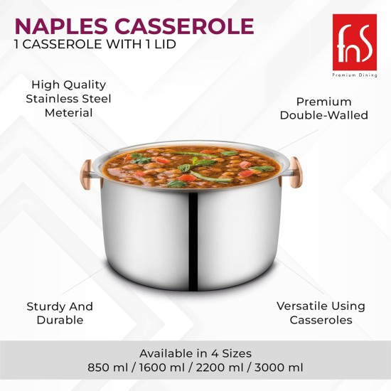 FNS Naples Stainless Steel Double Wall Insulated Designer Casserole with Lid | BPA Free | Ideal for Curry Rice Chappati | Easy to Carry | Easy to Store (1600 ml)