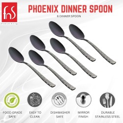 FnS Phoenix Stainless Steel Designer Black Dinner/Dessert Spoon | Ideal for Home, Restaurant and Kitchen |Elegant Design (6 PCs Dinner Spoon)