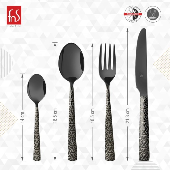 FnS Phoenix Black Finish PVD Coated 24 PCs Cutlery Set with Wooden Box Packaging - 6 Dinner Spoon, 6 Dinner Forks, 6 Teaspoons & 6 Dinner/Butter Knives