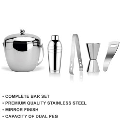 FnS Plain Mirror Finish Stainless Steel 5 Pc Bar Set (1 Ice Bucket, 1 Cocktail Shaker, 1 Peg Measure, 1 Tong & 1 Bottle Opener) Bartender Kit