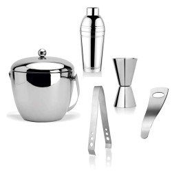 FnS Plain Mirror Finish Stainless Steel 5 Pc Bar Set (1 Ice Bucket, 1 Cocktail Shaker, 1 Peg Measure, 1 Tong & 1 Bottle Opener) Bartender Kit