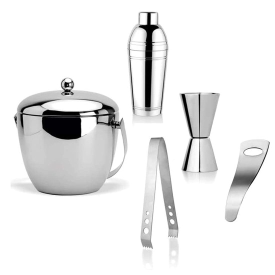 FnS Plain Mirror Finish Stainless Steel 5 Pc Bar Set (1 Ice Bucket, 1 Cocktail Shaker, 1 Peg Measure, 1 Tong & 1 Bottle Opener) Bartender Kit