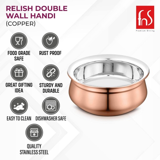 FnS Relish Stainless Steel Copper Finish Double Wall Handi with Glass Lid - 700ml (Large)