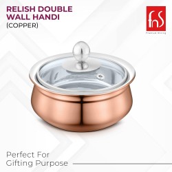 FnS Relish Stainless Steel Copper Finish Double Wall Handi with Glass Lid - 700ml (Large)