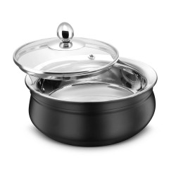 FnS Relish Stainless Steel Black Finish Double Wall Handi with Glass Lid - 700ml (Large)