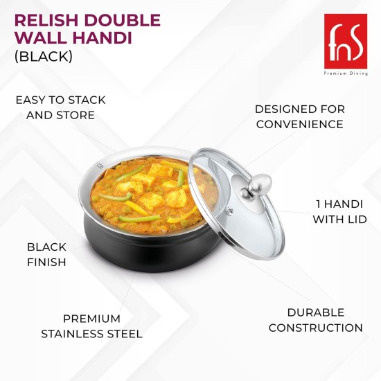 FnS Relish Stainless Steel Black Finish Double Wall Handi with Glass Lid - 700ml (Large)