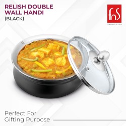 FnS Relish Stainless Steel Black Finish Double Wall Handi with Glass Lid - 700ml (Large)