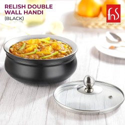 FnS Relish Stainless Steel Black Finish Double Wall Handi with Glass Lid - Medium, 500 ml