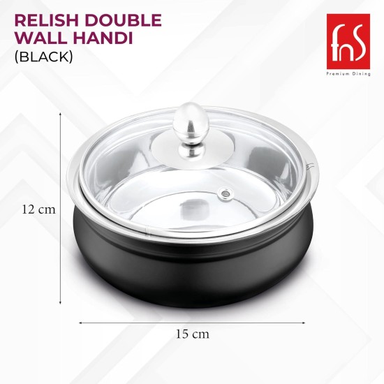 FNS Relish Stainless Steel Black Finish Double Wall Handi With Glass Lid-300Ml (Small),300 Milliliter,Polished