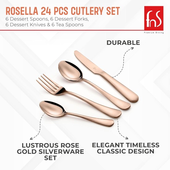 FnS Rosella Rose Gold Stainless Steel Cutlery Set with Leatherette Box Packaging, 24 Piece (6 Dinner Spoon, 6 Dinner Fork, 6 Dinner Knife/Butter knife, 6 Teaspoon)