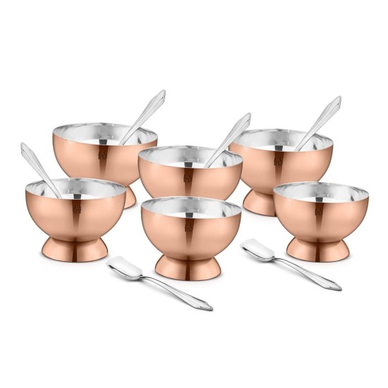 FNS Savory 6 Bowls and 6 Spoons Set for Ice Cream/Pudding/Dessert- Stainless Steel Bowls Set with Spoon |Food Grade Safe | Fancy Serving Bowls for Snacks -Rose Gold