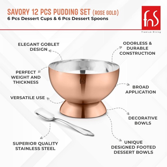 FNS Savory 6 Bowls and 6 Spoons Set for Ice Cream/Pudding/Dessert- Stainless Steel Bowls Set with Spoon |Food Grade Safe | Fancy Serving Bowls for Snacks -Rose Gold