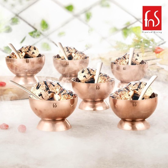 FNS Savory 6 Bowls and 6 Spoons Set for Ice Cream/Pudding/Dessert- Stainless Steel Bowls Set with Spoon |Food Grade Safe | Fancy Serving Bowls for Snacks -Rose Gold