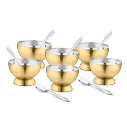 Fns Savory 6 Bowls And 6 Spoons Set For Ice Cream/Pudding/Dessert- Stainless Steel Bowls Set With Spoon |Food Grade Safe | Fancy Serving Bowls For Snacks - Gold - 250 Ml