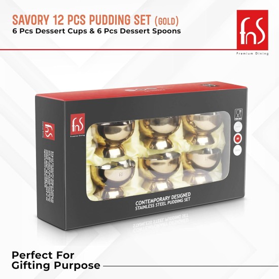 Fns Savory 6 Bowls And 6 Spoons Set For Ice Cream/Pudding/Dessert- Stainless Steel Bowls Set With Spoon |Food Grade Safe | Fancy Serving Bowls For Snacks - Gold - 250 Ml