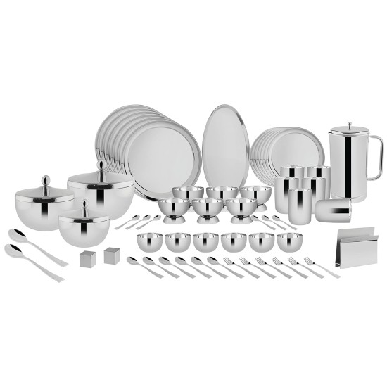 FnS Sovana 60pcs Stainless Steel Dinner Set | Kitchen Set for Home | Heavy Gauge Stainless Steel | Bartan Set (Quarter Plate, Full Plate, Glass, Serving Bowl, Desert Bowl, Glasses, Spoon & Rice Tray)